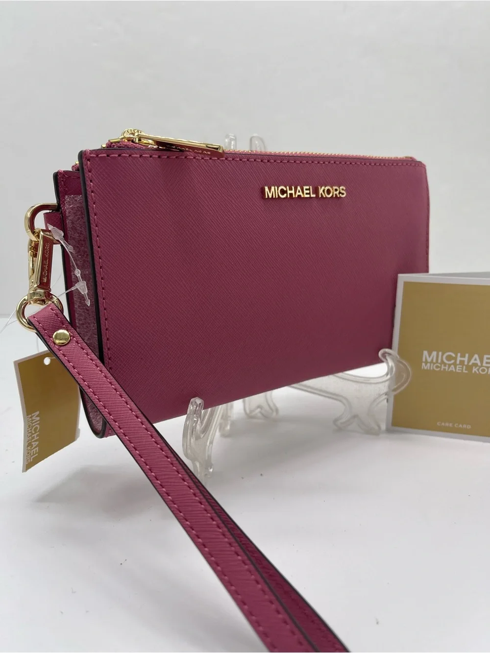 MICHAEL KORS JST Lg Double Zip Leather Wristlet Wallet Phone Holder Rosewood  NW